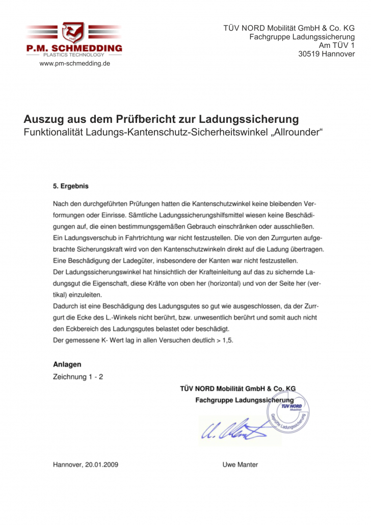 Auszug TÜV Prüfbericht Allrounder 2014